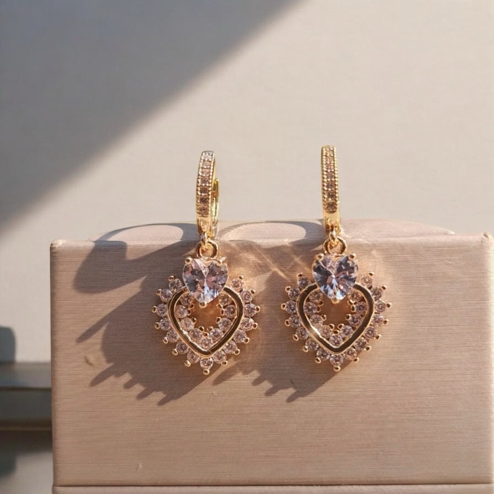 Elegant Heart-Shaped Drop Dangle Earrings for Women - 14K Golden Plated Copper